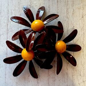 Rare Vintage Brown Enamel Metal Flower Brooch